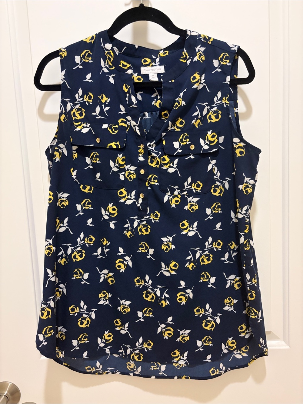 Charter Club Navy Sleeveless Blouse with Yellow and White Floral Print